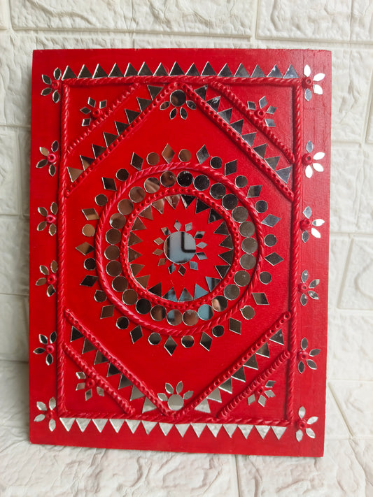 Traditional Lippan Art with Mirrors on Red Background